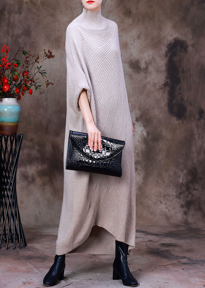 Casual Apricot Turtleneck Low High Design Woolen Knit Ankle Sweater Dress Long Sleeve