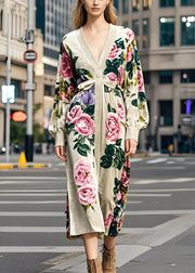 Casual Apricot V Neck Floral Print Silk Velvet Dress Spring