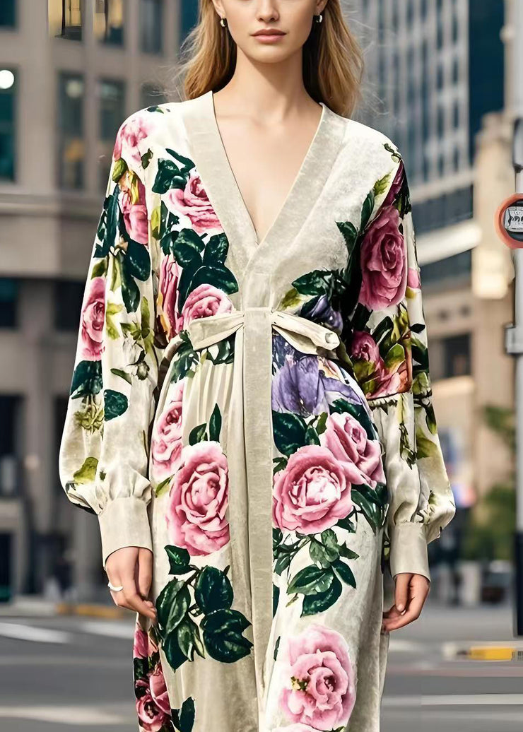 Casual Apricot V Neck Floral Print Silk Velvet Dress Spring