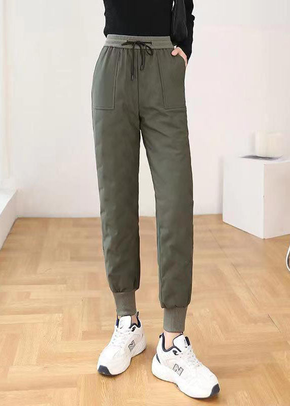 Casual Army Green Elastic Waist Pockets Duck Down Harem Pants Winter