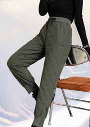 Casual Army Green Elastic Waist Pockets Duck Down Harem Pants Winter