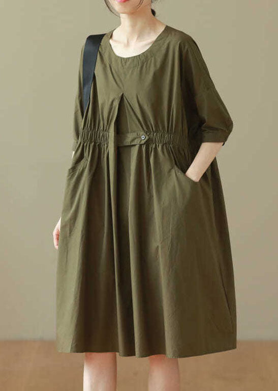 Casual Army Green O Neck Patchwork Cotton Mid Dresses Summer