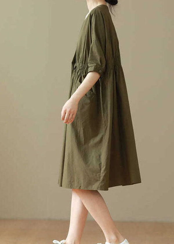 Casual Army Green O Neck Patchwork Cotton Mid Dresses Summer