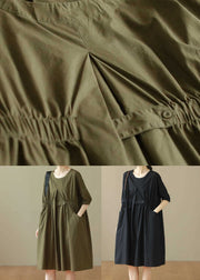 Casual Army Green O Neck Patchwork Cotton Mid Dresses Summer