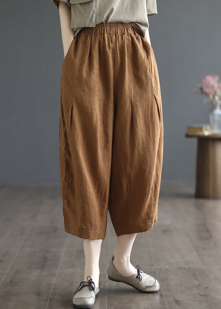 Casual Army Green Pockets Elastic Waist Cozy Linen Wide Leg Pants Summer