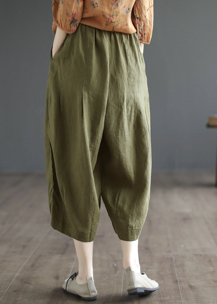 Casual Army Green Pockets Elastic Waist Cozy Linen Wide Leg Pants Summer