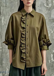 Casual Army Green Ruffled Button Tops Bracelet Sleeve