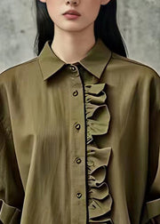 Casual Army Green Ruffled Button Tops Bracelet Sleeve