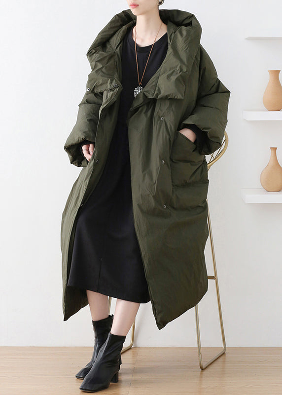 Casual Army Green Turtleneck Zippered Duck Down Hooded Long Down Coat Winter