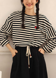 Casual Beige Black Striped O-Neck Cozy Cotton T Shirts Spring