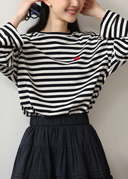 Casual Beige Black Striped O-Neck Cozy Cotton T Shirts Spring