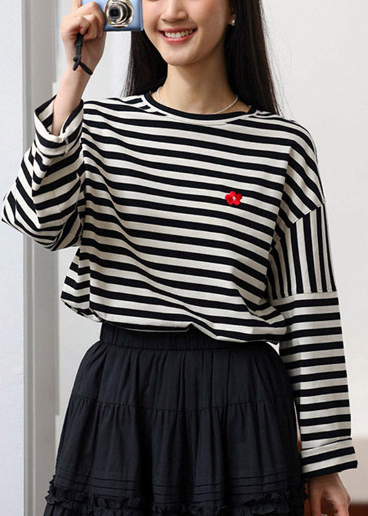 Casual Beige Black Striped O-Neck Cozy Cotton T Shirts Spring