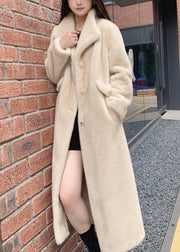 Casual Beige Notched Button Thick Leather And Fur Long Coats Winter