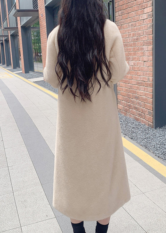 Casual Beige Notched Button Thick Leather And Fur Long Coats Winter