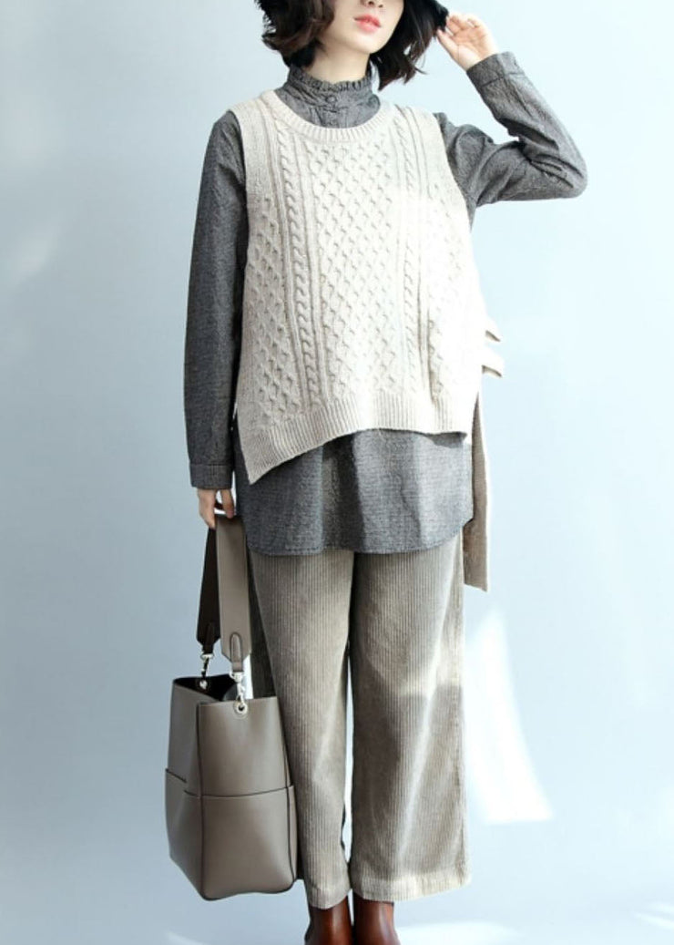 Casual Beige O-Neck Low High Design Warm Knit Vest Winter