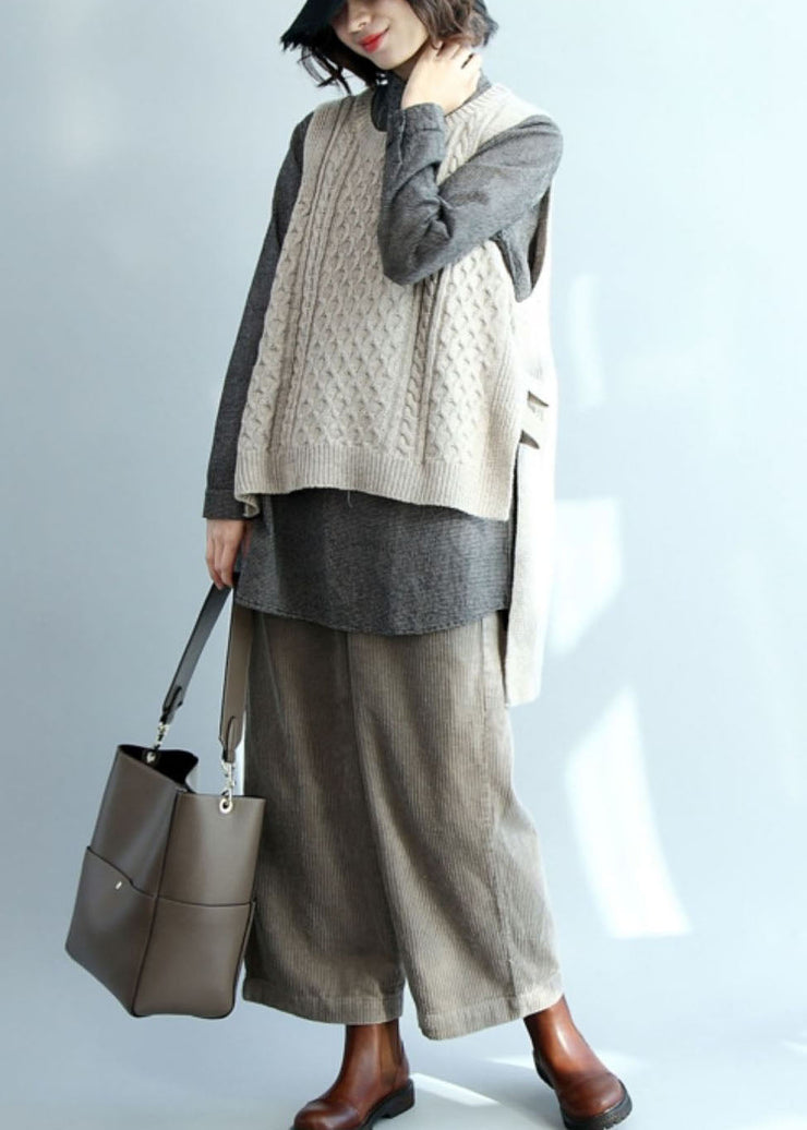 Casual Beige O-Neck Low High Design Warm Knit Vest Winter