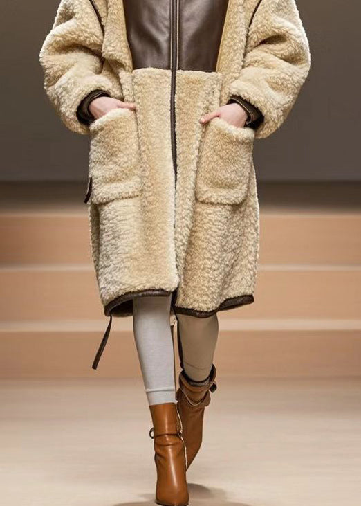 Casual Beige Oversized Patchwork Warm Fleece Coats Winter