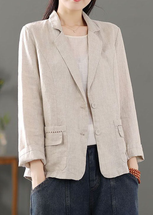 Casual Beige Pockets Patchwork Button Linen Coats Spring