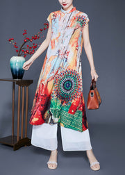 Casual Beige Print Slim Fit Silk Long Dress Summer