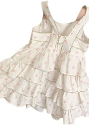 Casual Beige Print Wrinkled Patchwork Cotton Kids Girls Dress Summer