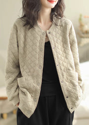 Casual Beige Stand Collar Pockets Fine Cotton Filled Jacket Winter