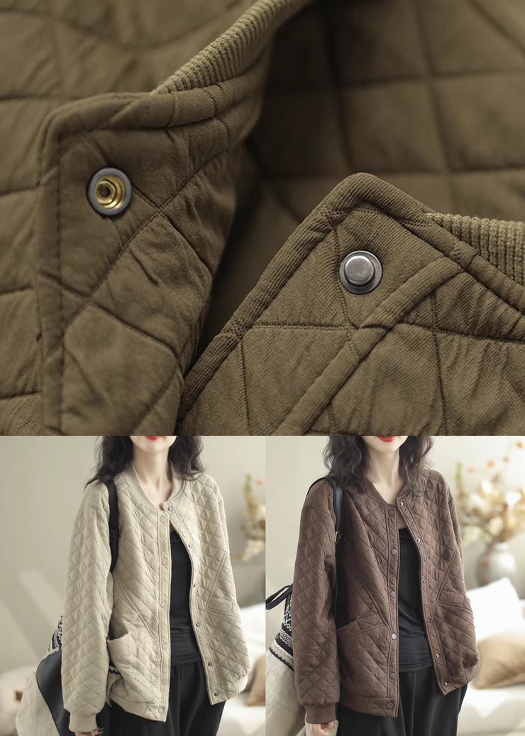 Casual Beige Stand Collar Pockets Fine Cotton Filled Jacket Winter