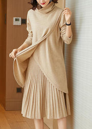 Casual Beige Turtle Neck Asymmetrical Design Knit Two Piece Set Winter