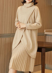 Casual Beige Turtle Neck Asymmetrical Design Knit Two Piece Set Winter