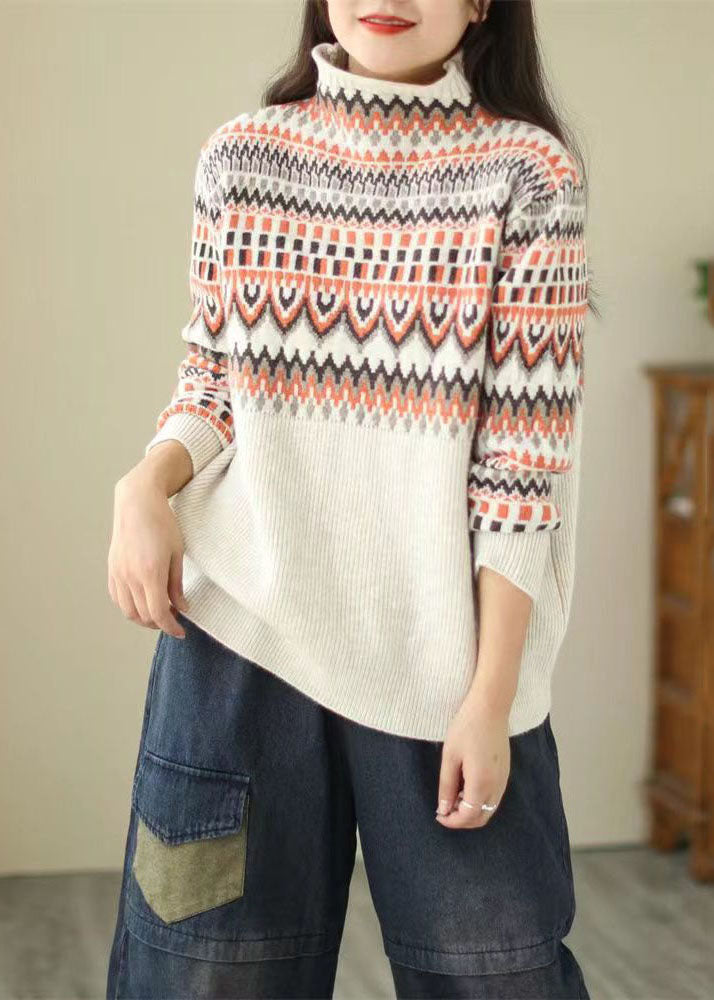 Casual Beige Turtle Neck Thick Print Knit Sweater Tops Winter