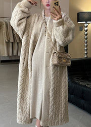 Casual Beige V Neck Button Mink Hair Leather And Fur Long Coats Winter