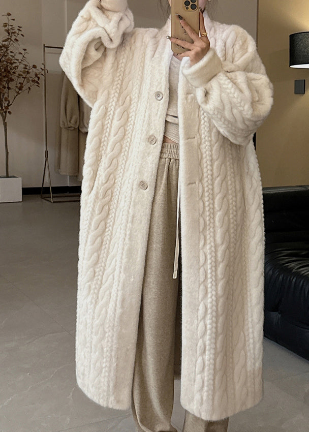 Casual Beige V Neck Button Mink Hair Leather And Fur Long Coats Winter