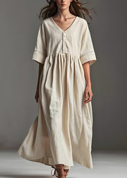 Casual Beige V Neck Patchwork Plus Size Linen Dress Summer