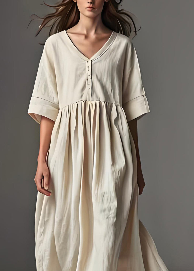 Casual Beige V Neck Patchwork Plus Size Linen Dress Summer