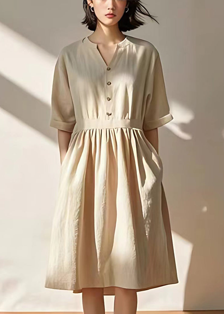 Casual Beige V Neck Pockets Wrinkled Linen Dresses Summer