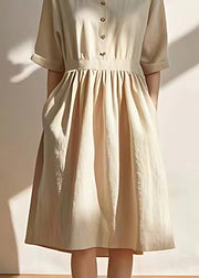 Casual Beige V Neck Pockets Wrinkled Linen Dresses Summer