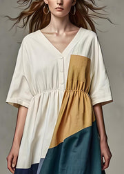 Casual Beige V Neck Wrinkled Patchwork Linen Dress Summer