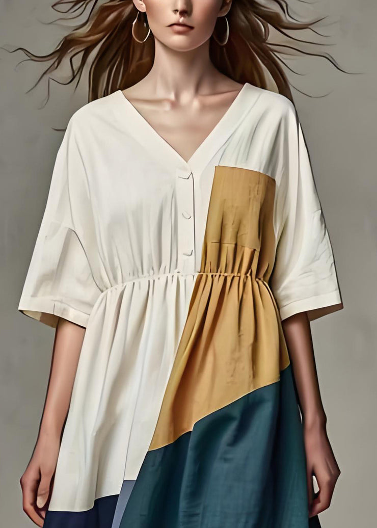 Casual Beige V Neck Wrinkled Patchwork Linen Dress Summer
