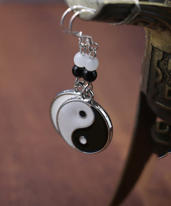 Casual Black And White Sterling Silver Jade Tai Chi Circular Drop Earrings