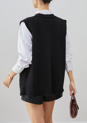 Casual Black Applique Thick Knit Vest Tops Fall