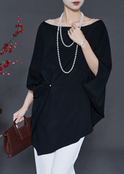 Casual Black Asymmetrical Chiffon Shirts Batwing Sleeve