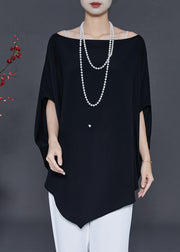 Casual Black Asymmetrical Chiffon Shirts Batwing Sleeve