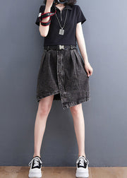 Casual Black Asymmetrical Design Pockets Denim Short Skirt Summer