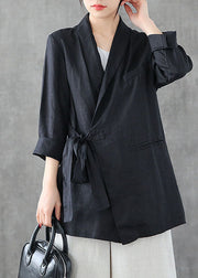 Casual Black Asymmetrical Design Pockets Linen Coats Long Sleeve