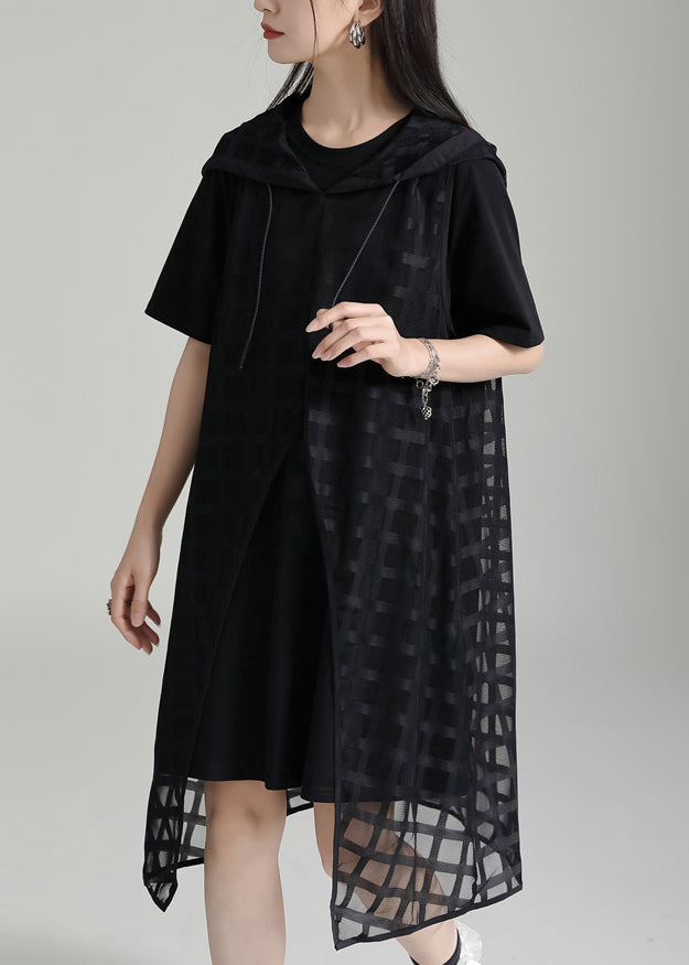 Casual Black Asymmetrical Hooded Patchwork Two Pieces Set Summer