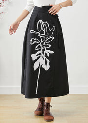 Casual Black Asymmetrical Lace Up Print Cotton Skirts Fall