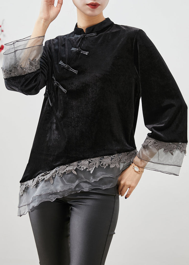 Casual Black Asymmetrical Organza Patchwork Chinese Button Silk Velour Shirt Top Fall