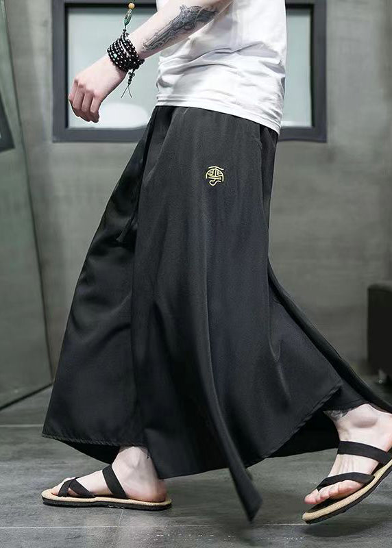 Casual Black Asymmetrical Pockets Ice Silk Mens Wide Leg Pants Summer