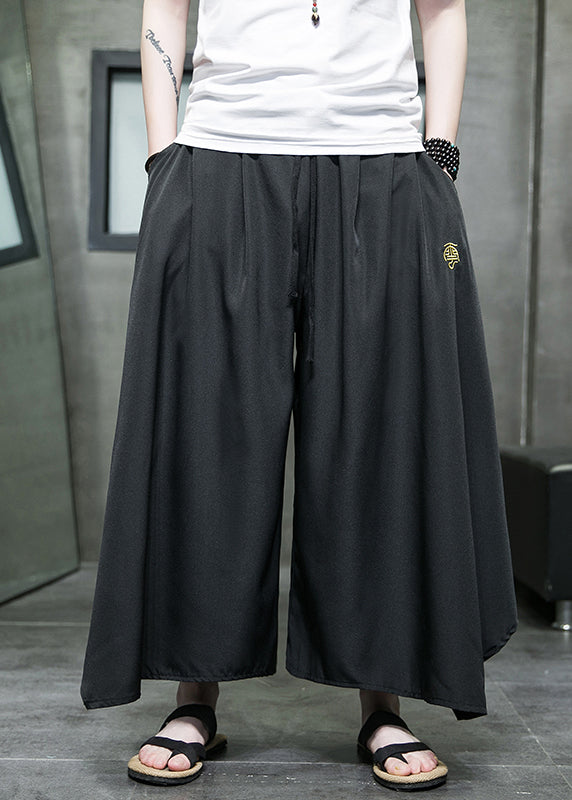 Casual Black Asymmetrical Pockets Ice Silk Mens Wide Leg Pants Summer