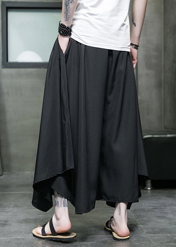 Casual Black Asymmetrical Pockets Ice Silk Mens Wide Leg Pants Summer