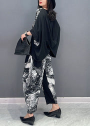 Casual Black Asymmetrical Print Patchwork Cotton 2 Piece Outfit Summer